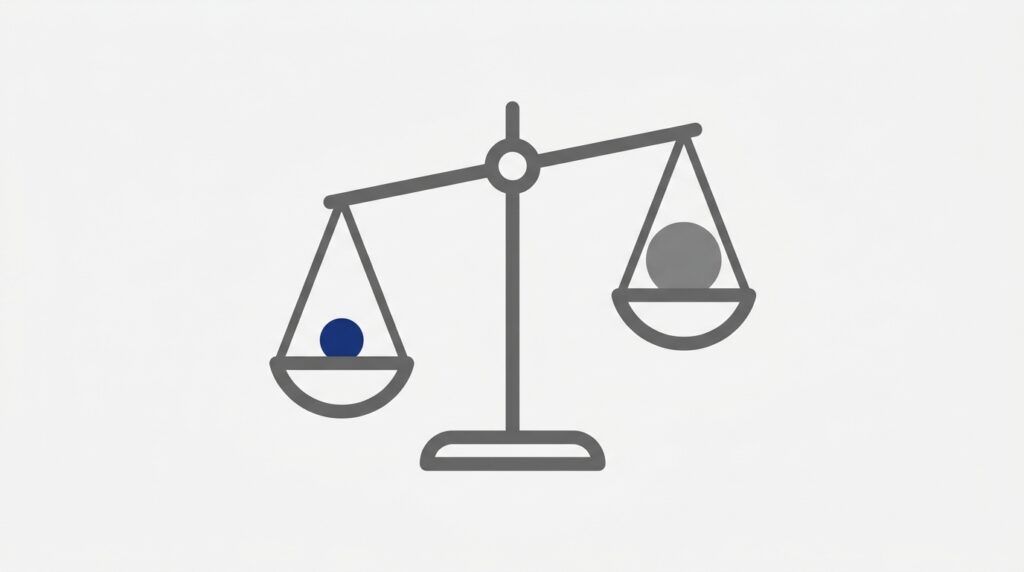 양팔 저울의 두 접시에 서로 다른 크기의 원반이 놓여 기울어진 일러스트