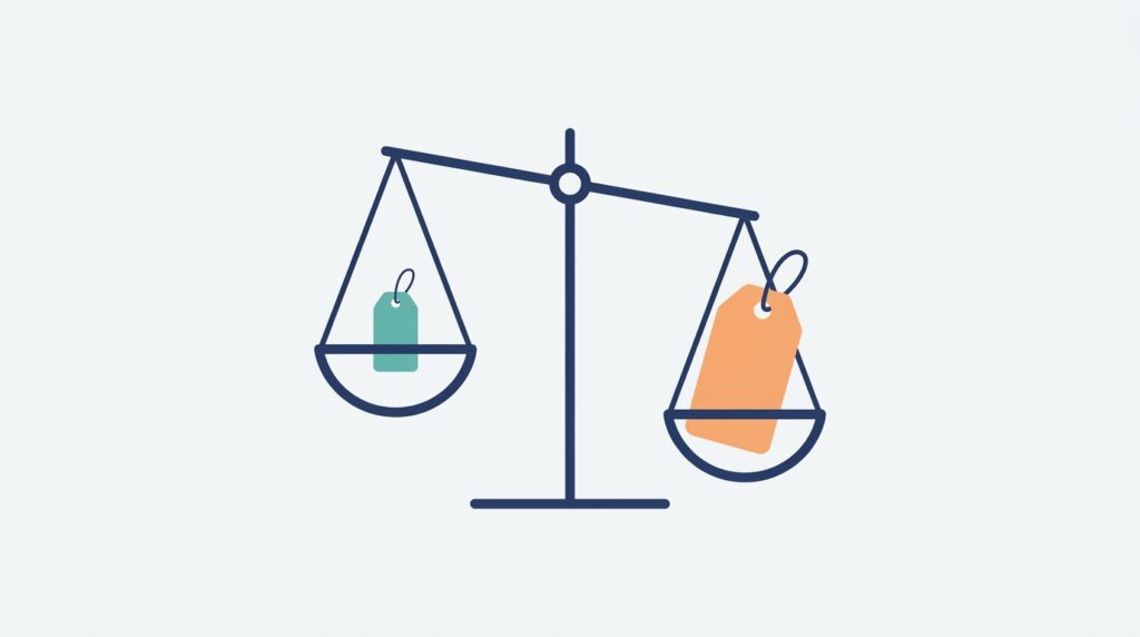 저울 양쪽에 크기가 다른 가격표가 놓인 개념 일러스트
