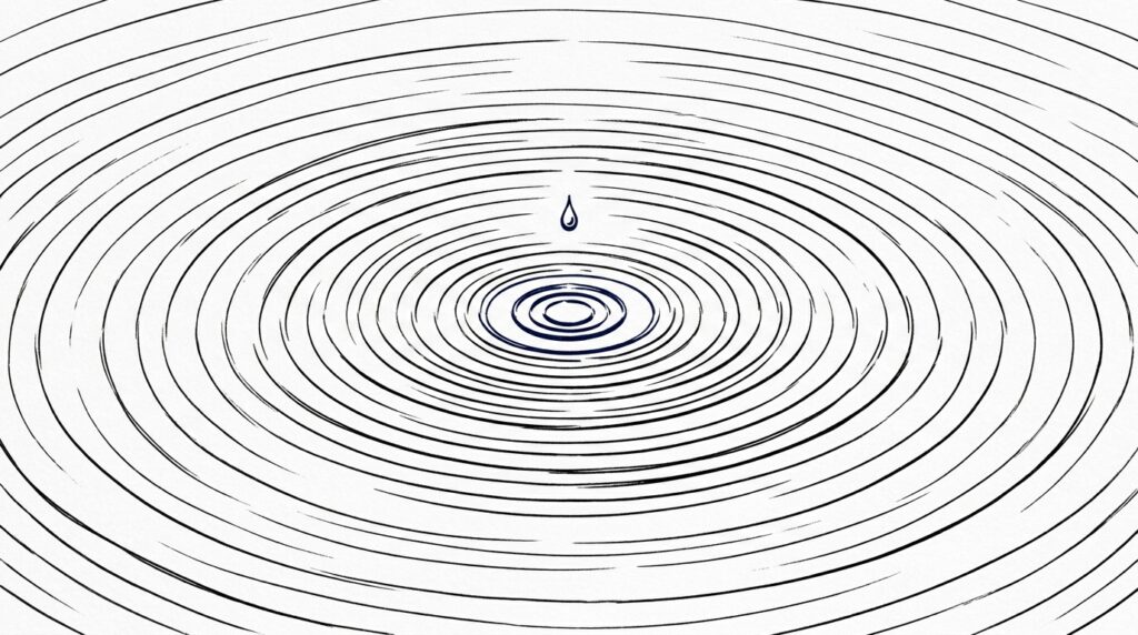 잔잔한 수면 위로 떨어진 한 방울이 소리 없이 넓게 번져 나가는 모습을 그린 잉크 선화. 잘못된 값이 조용히 퍼지는 상태를 나타낸다